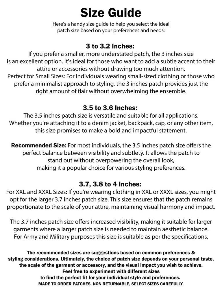 Size Guide for embroidery patches